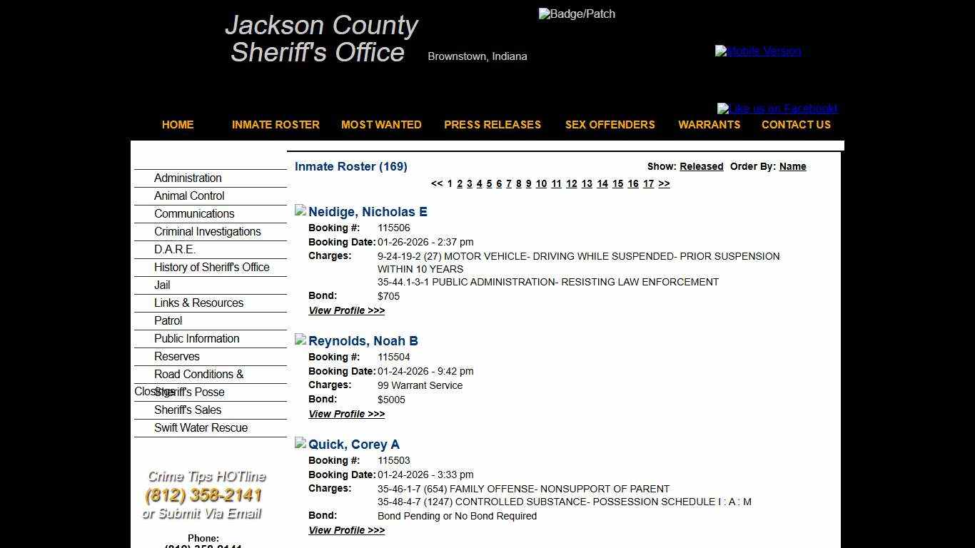 Inmate Roster - Current Inmates Booking Date Descending - Jackson County IN Sheriff